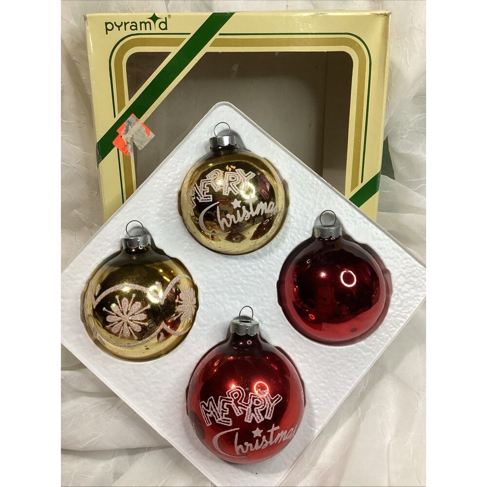 Vintage Mercury Glass Glitter Merry Christmas Ornaments Stenciled 1950s Pyramid